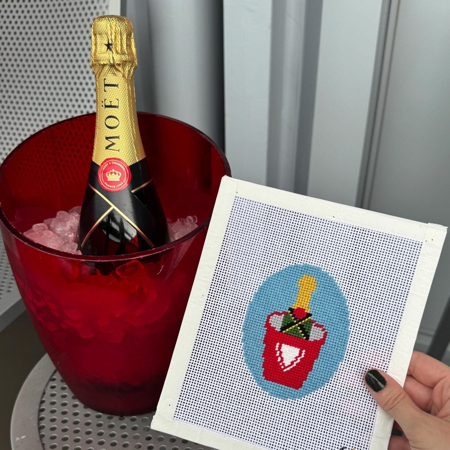 Champagne Bucket - Painted Needlepoint Canvas, Virgin Voyages Inspired Travel Ornament, 13 Mesh