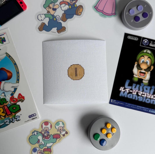 Mario Coin Inspired Mini - Painted Needlepoint Canvas, Nintendo Inspired, 18 Mesh