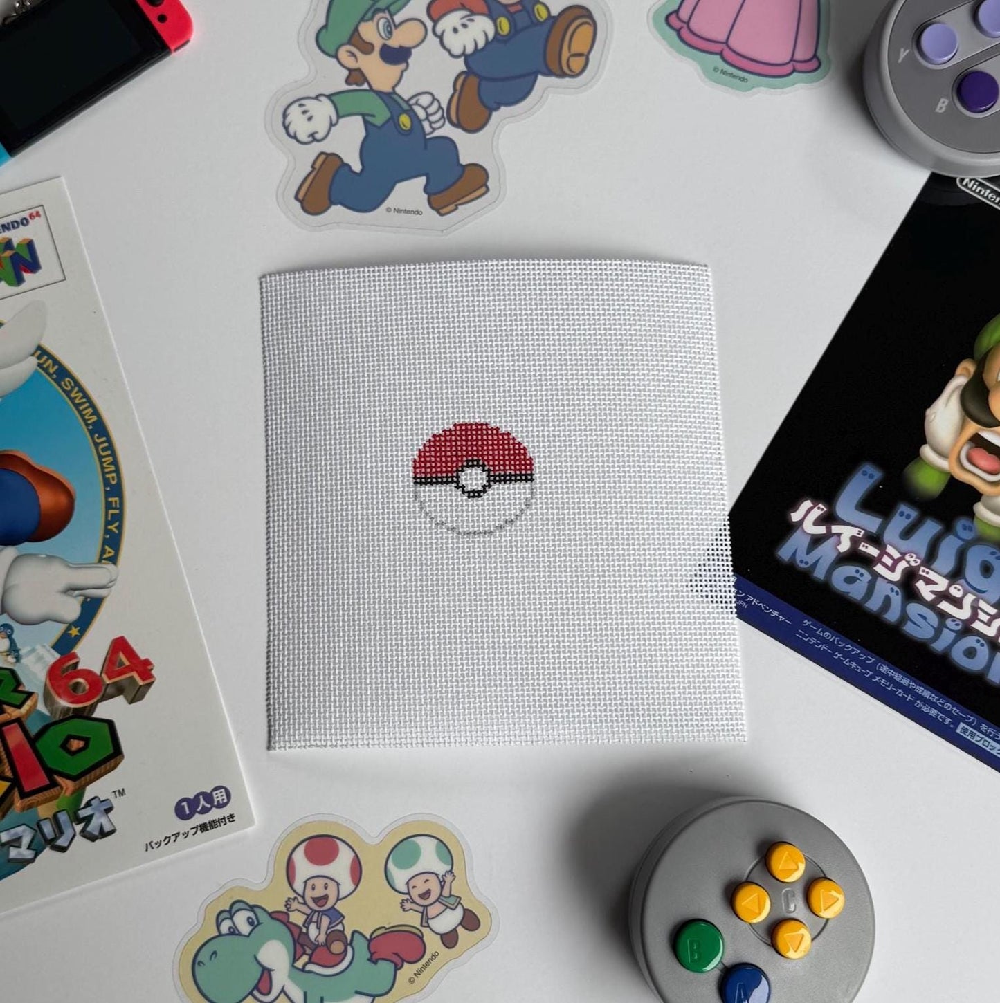 Pokéball Mini - Painted Needlepoint Canvas, Pókemon and Nintendo Inspired, 18 Mesh