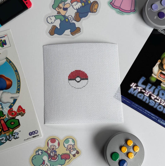 Pokéball Mini - Painted Needlepoint Canvas, Pókemon and Nintendo Inspired, 18 Mesh