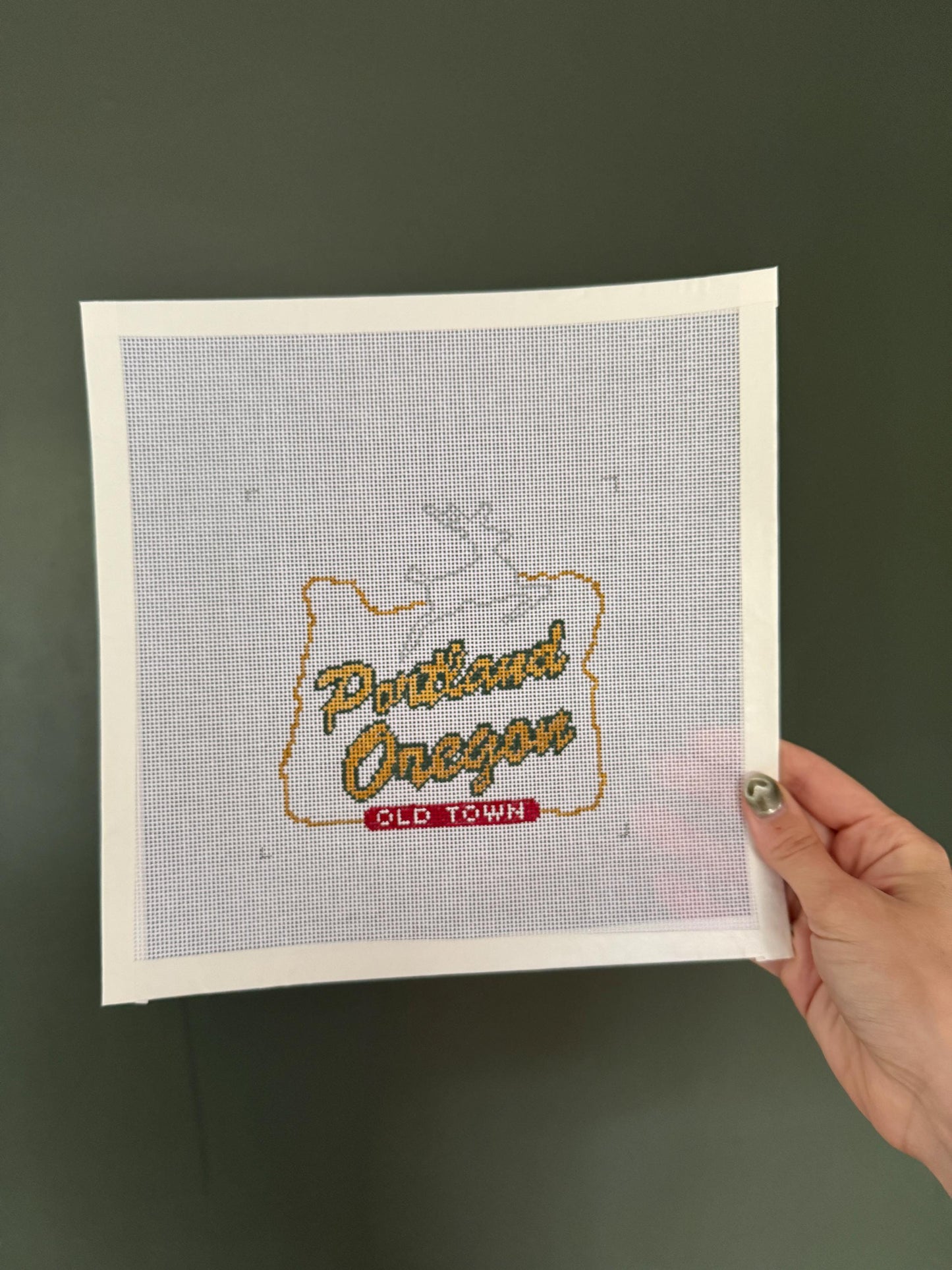 Portland Oregon Sign - Painted Needlepoint Canvas, White Stag, 18 Mesh