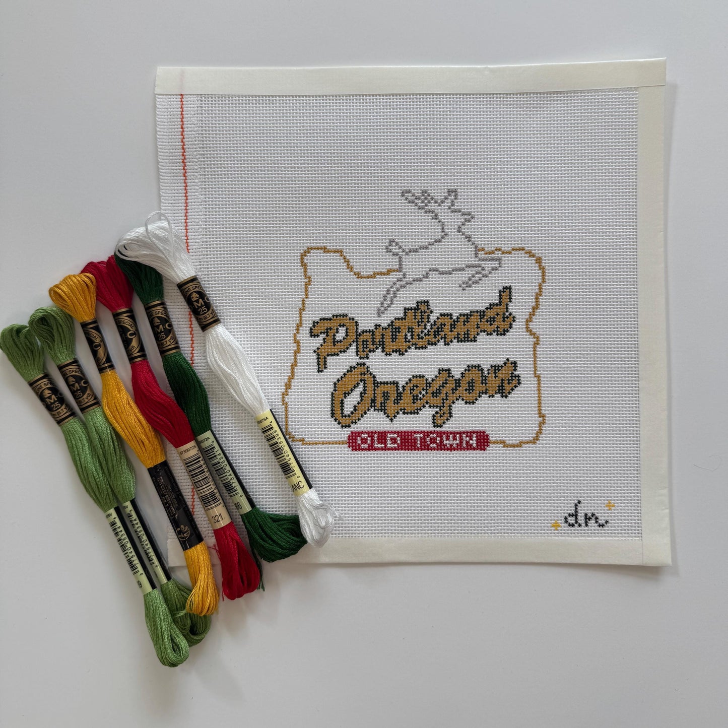 Portland Oregon Sign - Painted Needlepoint Canvas, White Stag, 18 Mesh