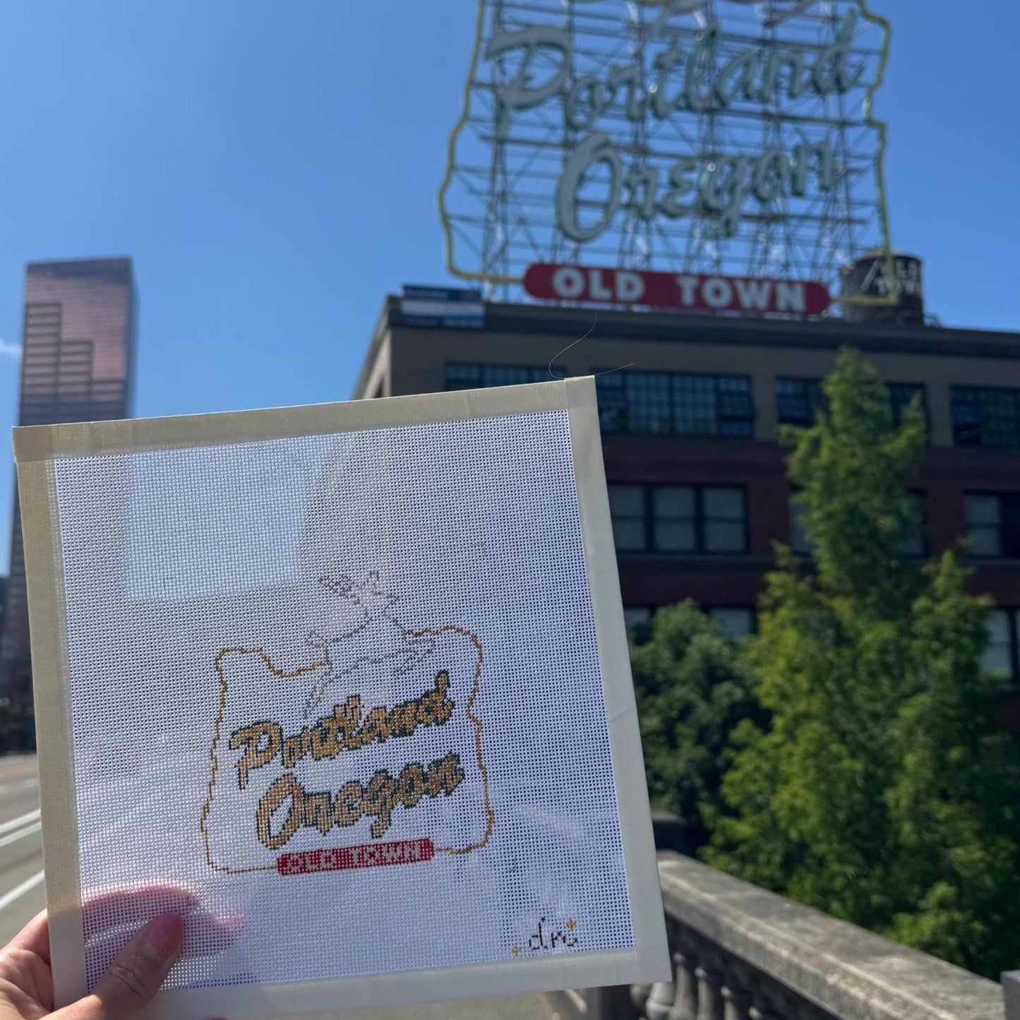 Portland Oregon Sign - Painted Needlepoint Canvas, White Stag, 18 Mesh