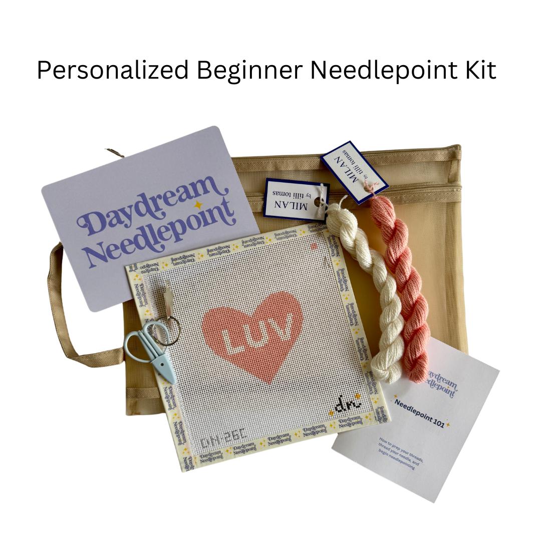 Personalized Needlepoint Kit Beginner, Heart, Custom Canvas Kit, Modern Needlepoint Starter Kit, Craft Gift, 13 Mesh