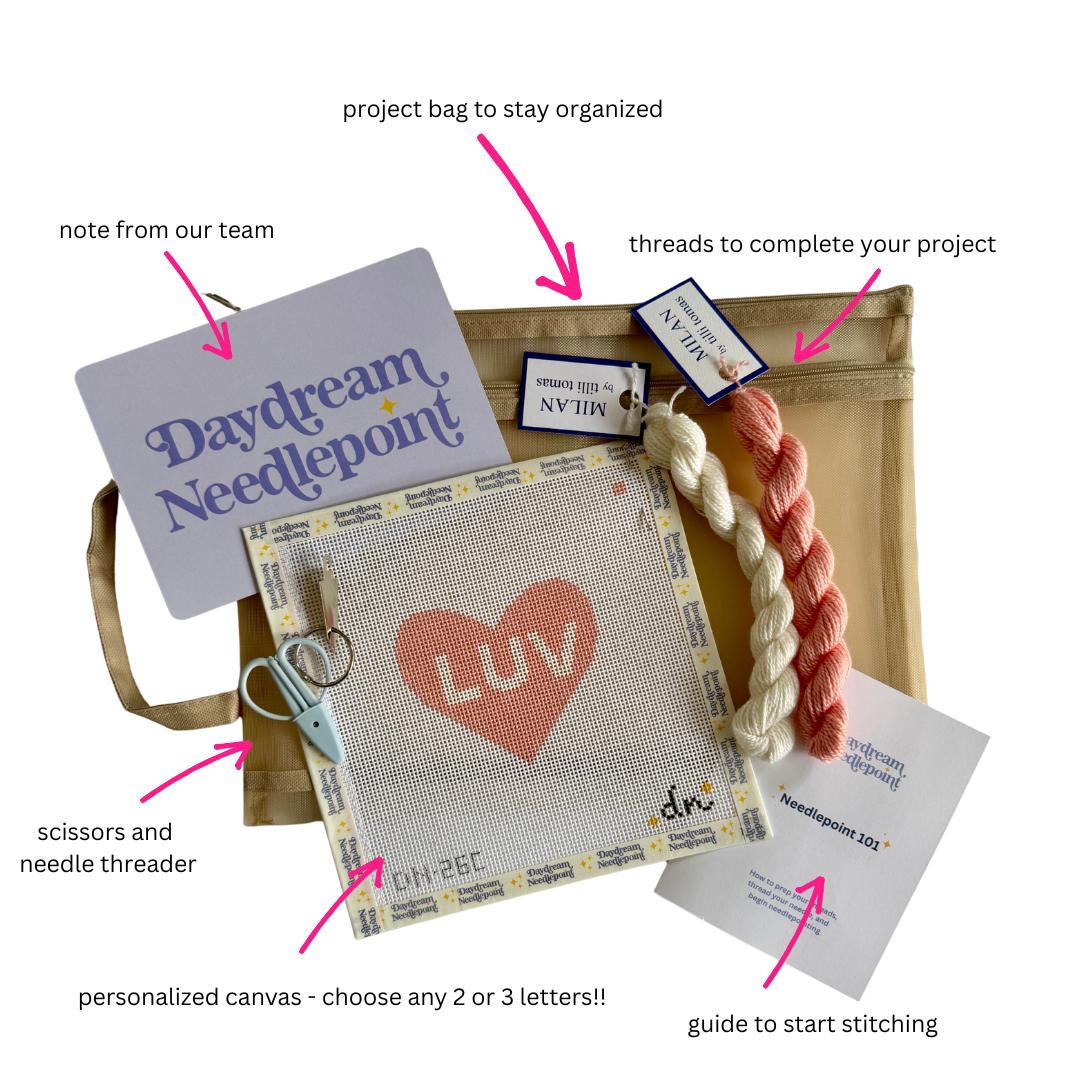 Personalized Needlepoint Kit Beginner, Heart, Custom Canvas Kit, Modern Needlepoint Starter Kit, Craft Gift, 13 Mesh